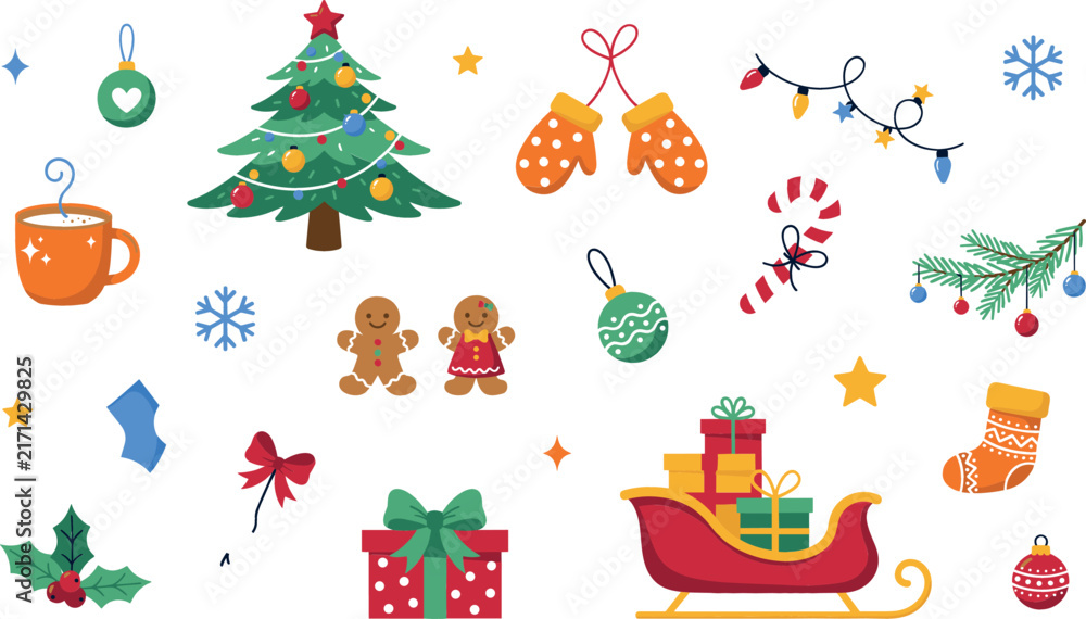 Naklejka premium Cute Christmas Vector Clip Art Set with Holiday Tree, Santa Sleigh, Gingerbread Man, Mittens, Gift Boxes, and Festive Winter Decorative Icons