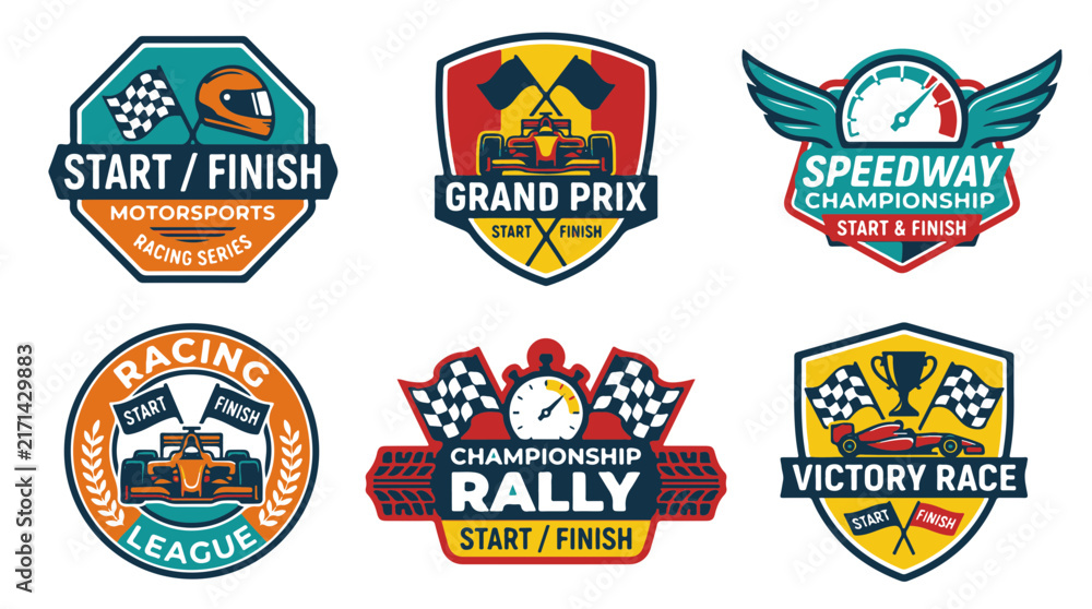 Fototapeta premium Racing Sport Event Emblems with Race Cars Checkered Flags and Speedometers for Championships