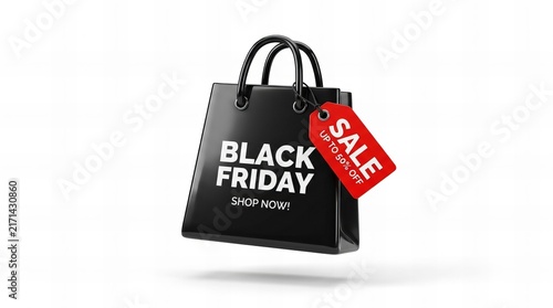 Black Friday Shopping Bag with Red Sale Tag 3D Illustration