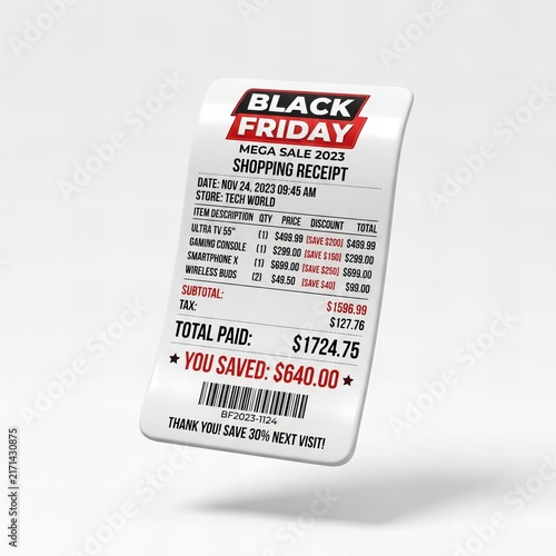 Black Friday Shopping Receipt with Sale Details 3D Illustration
