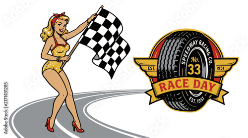 Vintage Pin up Girl Waves Checkered Flag at a Racing Event
