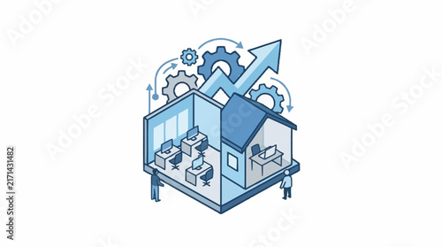 Corporate workspace organization showing office layout with productivity workflow arrows.