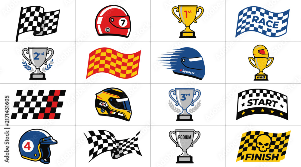 Fototapeta premium Collection of Racing Themed Graphics Helmets Flags and Trophies