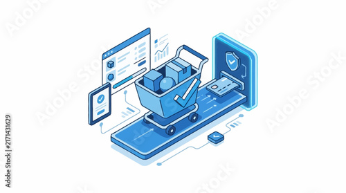 Online shopping cart moving on a digital conveyor belt during a secure checkout process.