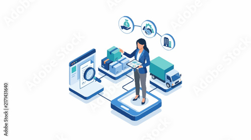 Logistics manager organizing delivery boxes and cargo truck in an isometric digital illustration.