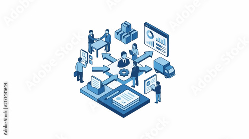 Business management ecosystem featuring networked workers and analytical graphs in blue tones.