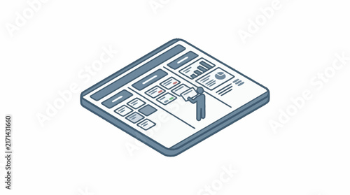 Digital dashboard interface displaying business analytics and data metrics with a user figure.