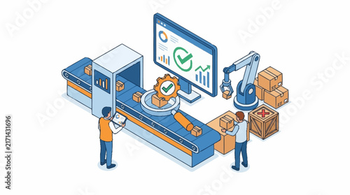 Automated factory assembly line featuring robotic arms inspecting packages and quality control.