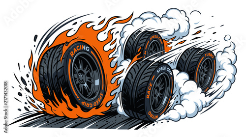 Dynamic Cartoon Racing Car Tires in a Fiery Burnout Generating Smoke and Speed on the Track