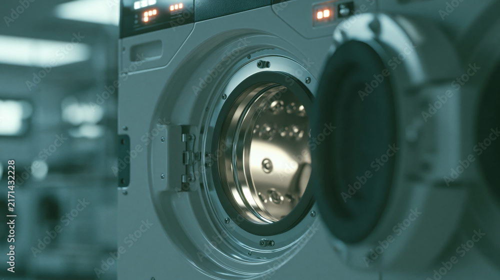 Fototapeta premium Industrial washing machine interior stainless steel drum laundry equipment open door modern appliance clean metal teal light machinery detail commercial laundry futuristic industrial laundry room