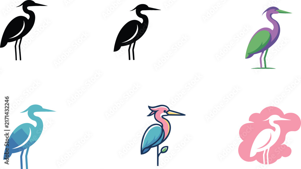 Naklejka premium Heron crane bird logo design icons set with silhouette and colorful vector line illustrations
