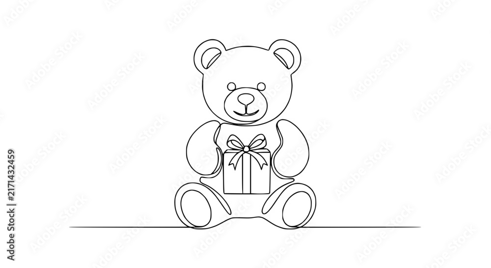 Fototapeta premium Continuous Line Art Teddy Bear Holding Gift Box Isolated Transparent Background