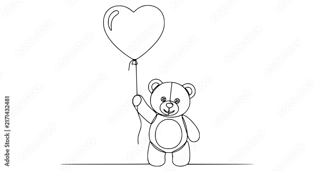 Fototapeta premium Cute teddy bear holding heart balloon, continuous line art, isolated on transparent background