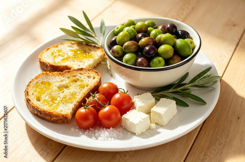 Mediterranean breakfast plate with olives, toasted bread, cherry tomatoes, feta cheese and olive leaves on wooden table