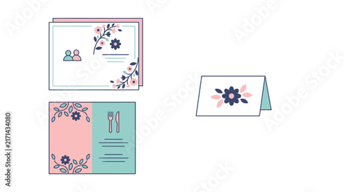 Bild auf Leinwand Flat design vector illustration of wedding stationery elements with floral motif