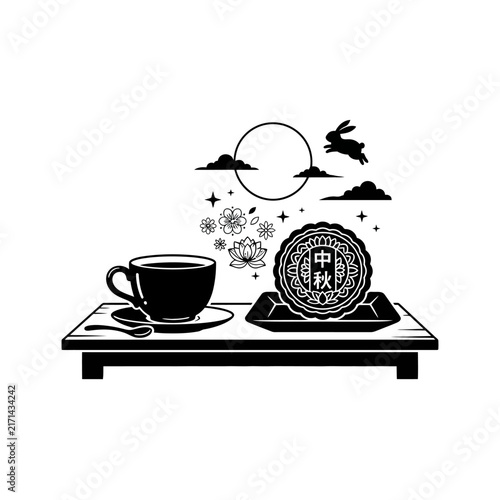 Mid-Autumn Festival Decoration With Mooncake And Tea. Silhouette of Rabbit, Moon, Clouds, and Flowers. Black and White Vector Illustration for Traditional Chinese Holiday Design. isolated on