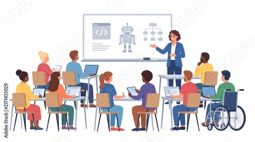 Diverse group of students learning technology in a classroom setting with teacher.