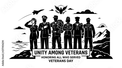Silhouette illustration of diverse military veterans standing together to honor service and sacrifice on Veterans Day.