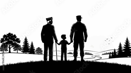 Silhouette illustration of a young boy holding hands with an elderly veteran and a soldier.