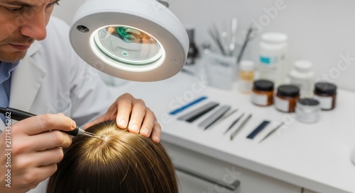 Dermatologist examines scalp with magnifying lamp, performing hair transplant procedure with precision tools and equipment in clinic.