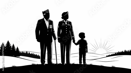 Silhouette of a military family standing together looking towards the sunrise on a hill.