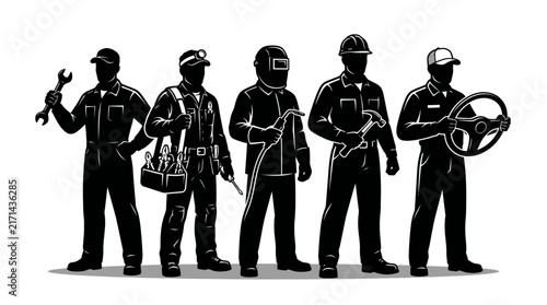 Group of professional workers in silhouette holding various industrial tools and equipment.