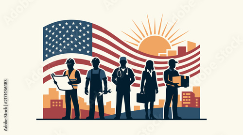 Diverse group of American workers standing in front of a stylized United States flag illustration.