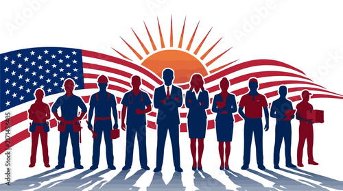 Diverse group of American workers standing in front of a stylized United States flag.