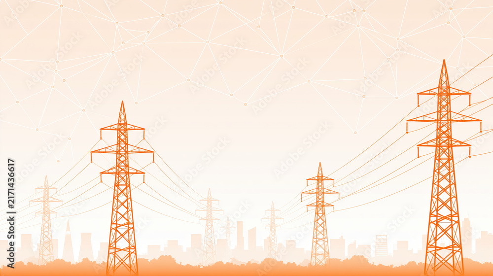 Obraz premium High voltage transmission tower scene with orange electric line and urban skyline in soft abstract background