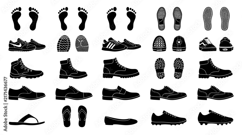 Obraz premium Shoe and footprint silhouette vector icon set with sneaker sole and footwear prints for retail design