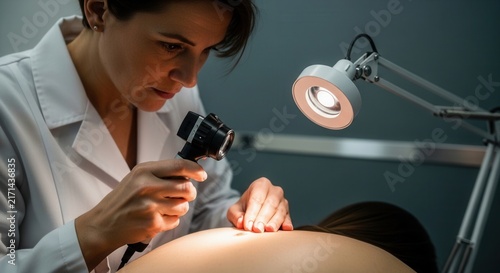 Dermatologist examines skin mole with dermatoscope, doctor checking for skin cancer, medical examination and healthcare concept.