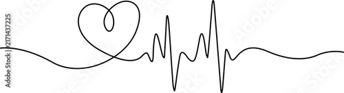 A minimalist continuous line art illustration featuring a heart symbol transitioning into a cardiac heartbeat rhythm, representing love and life.