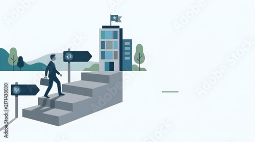 Cool Grey Concrete Stairs with 4 steps steps, Walking Businessman Silhouette, Office Building Goal, Strategic Roadmap Flat Vector, Text Space on Top Left
