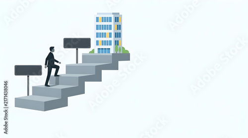 Cool Grey Concrete Stairs with 4 steps steps, Walking Businessman Silhouette, Office Building Goal, Strategic Roadmap Flat Vector, Text Space on Top Left
