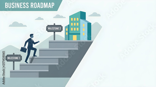 Cool Grey Concrete Stairs with 4 steps steps, Walking Businessman Silhouette, Office Building Goal, Strategic Roadmap Flat Vector, Text Space on Top Left
