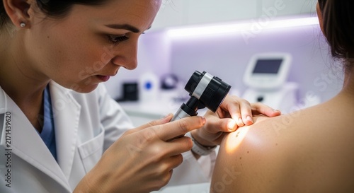 Dermatologist examines mole on patient's shoulder using dermatoscope for skin cancer screening.