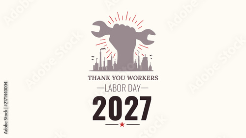 Labor Day 2027 vector graphic expressing gratitude to workers, showcasing various professions in a colorful design.