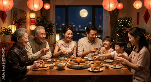 Happy multi-generational Asian family having a festive dinner together during the Mid-Autumn Festival.