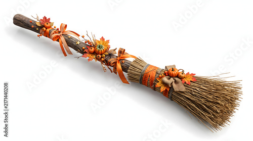 Wooden Broom with Dried Lavender, Wheat and Natural Plant Bundles Isolated on White Background for Rustic Decoration and Agricultural Still Life