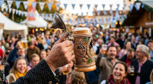 A hand holding a traditional beer stein at a lively outdoor Oktoberfest festival celebration.