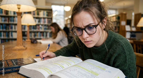 Focused young woman studying chemistry in a quiet university library setting.