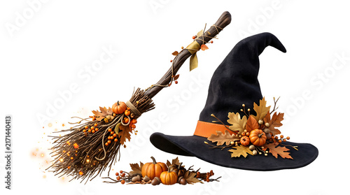 Cute Black Cat and Dog Silhouettes Wearing Halloween Witch Hats with Brooms, Cartoon Vector Illustration Isolated on White