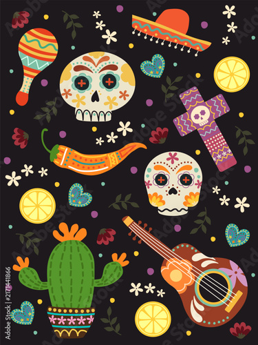 Mexican Day of the Dead vector with colorful sugar skulls guitar and sombrero