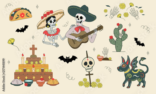 Day of the Dead Mexican holiday element set with skeletons ofrenda altar and alebrije in flat hand drawn style