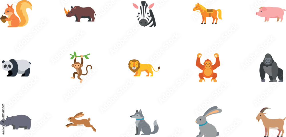 Fototapeta premium Cute flat design animal icon set containing wild safari wildlife zoo domestic farm animals illustrations isolated on white background.