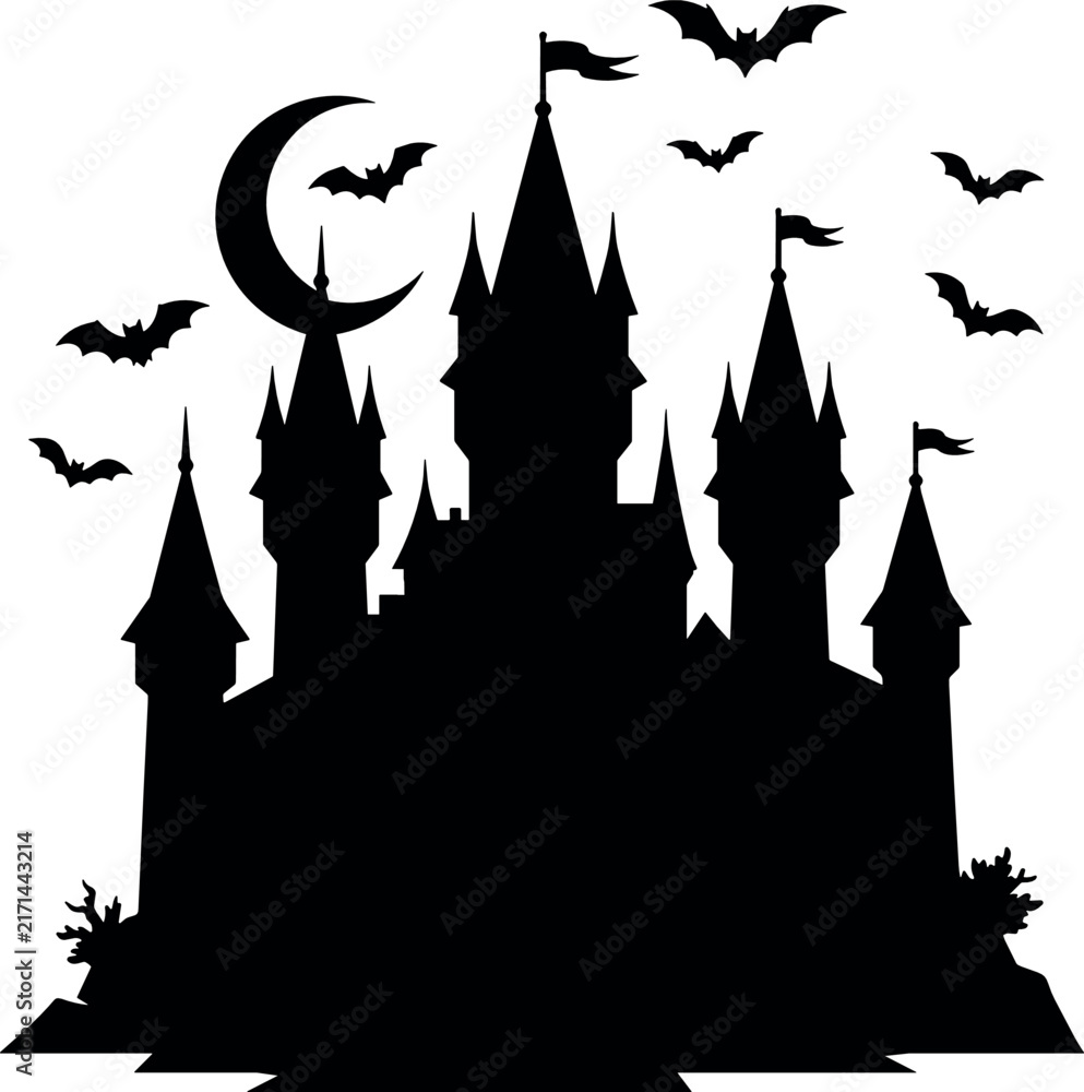 Fototapeta premium Haunted Castle Silhouette with Spires, Flying Bats, and Crescent Moon for Halloween Design
