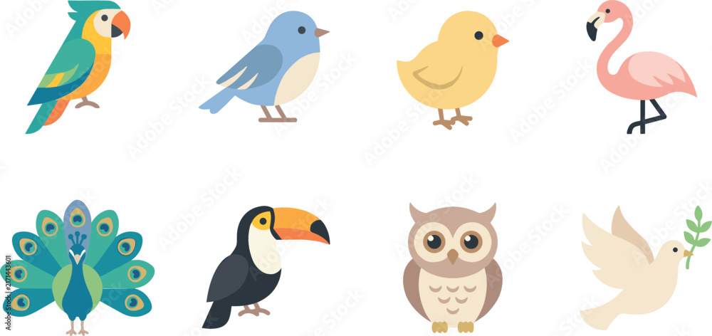 Fototapeta premium Cute Bird Vector Icon Set Featuring Colorful Parrot Bluebird Chick Flamingo Peacock Toucan Owl and White Dove Graphics for Creative Designs