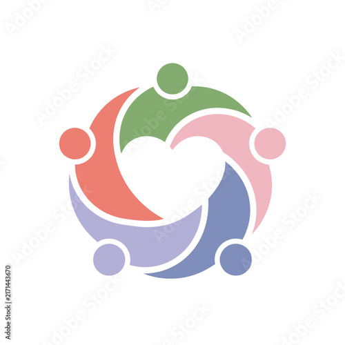Abstract community unity logo vector illustration with negative space heart isolated on white background.