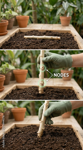 Hands planting cassava stem nodes in soil for vegetative propagation and sustainable farming