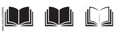 Open book icon set, reading literature education symbol various page styles glyph solid outline vector.